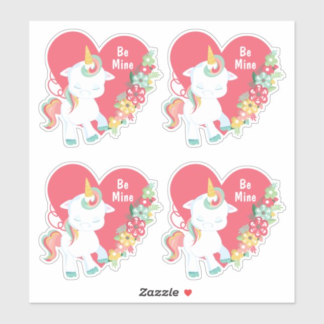 Cute Unicorn Be My Valentine Heart Sticker (Sheet)