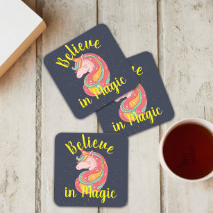 Cute Unicorn Believe In Magic Yellow Orange  Square Paper Coaster
