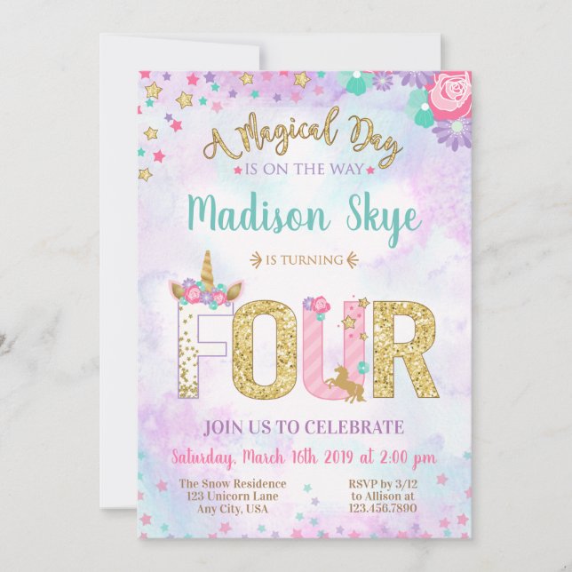 Cute Unicorn Birthday Fourth Party Invitation (Front)