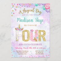 Cute Unicorn Birthday Fourth Party Invitation