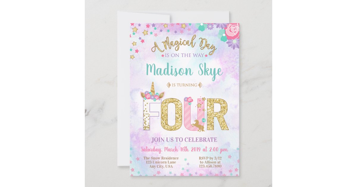 Cute Unicorn Birthday Fourth Party Invitation
