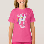 Cute Unicorn Birthday Girl Personalized Pink Kids T-Shirt<br><div class="desc">Custom Unicorn birthday t-shirt for a little girl who likes pretty pink and teal ponies with a magic horn and a cool rainbow tail. Personalize this party tee with your daughter's name and age in white.</div>
