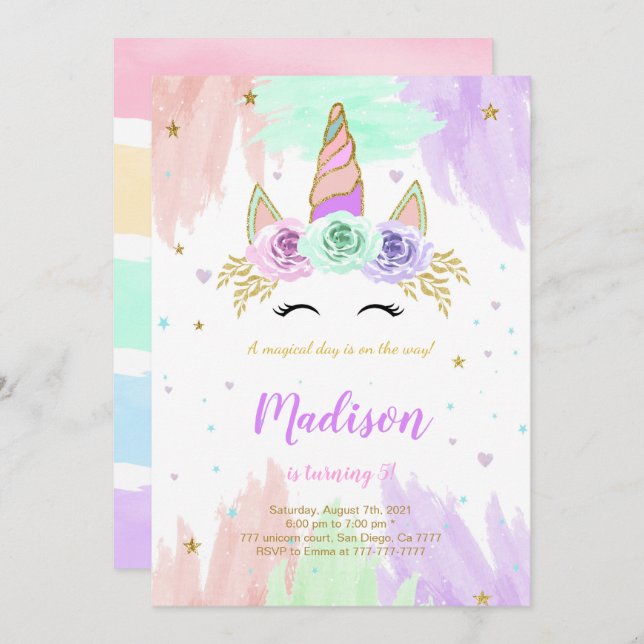 Cute Unicorn Birthday Invitation (Front/Back)