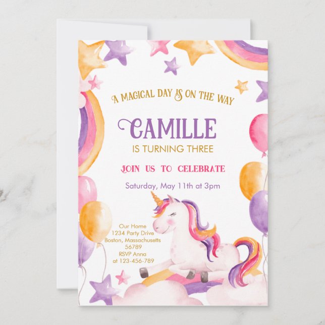  Cute Unicorn birthday Invitation (Front)