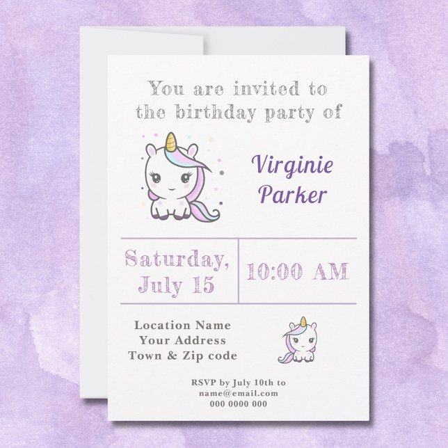 Cute Unicorn Birthday Invitation  (Cute Unicorn Birthday Invitation - back)