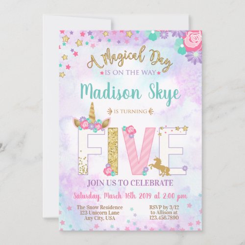 Cute Unicorn Birthday Invitation Fifth Five