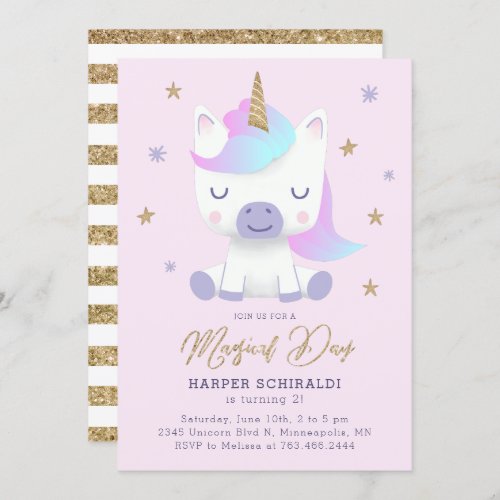 Cute Unicorn Birthday Party Pink and Gold Invitation