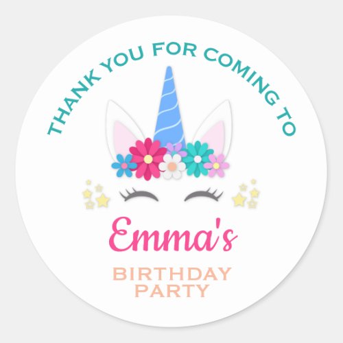 Cute Unicorn Birthday Party Thank You Classic Round Sticker
