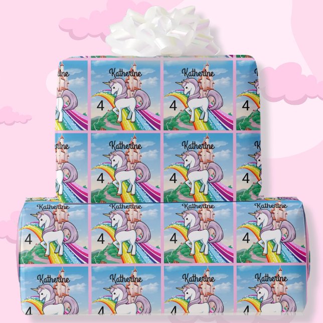 Cute UNICORN Birthday Personalize Girl's Name Age Wrapping Paper (Creator Uploaded)