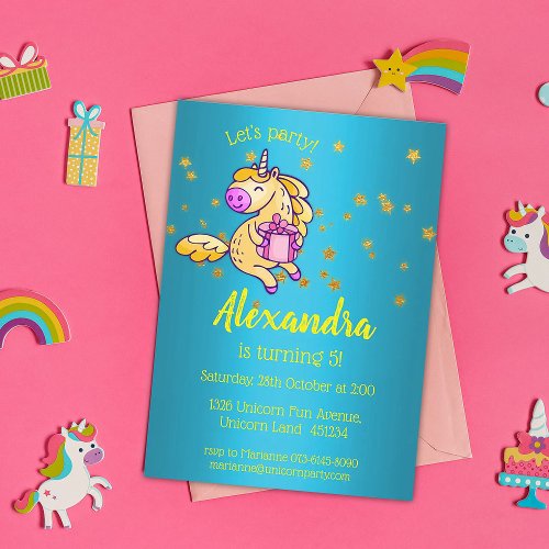 Cute Unicorn Birthday Stars on Aqua Invitation