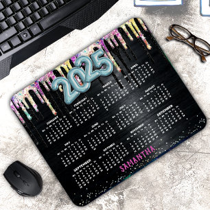 Cute unicorn black glitter birthday monogram 2025 mouse pad