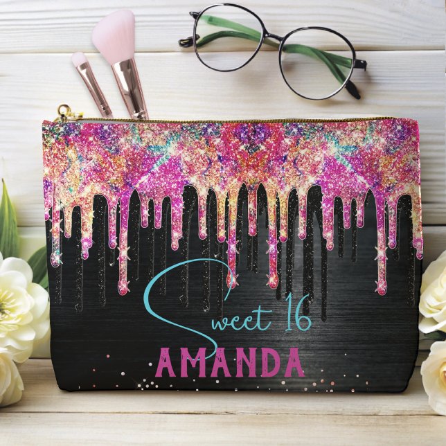 Cute unicorn black glitter birthday monogram accessory pouch (Creator Uploaded)