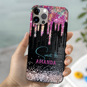 Cute unicorn black glitter birthday monogram iPhone 15 case