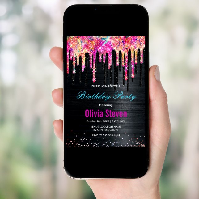 Cute unicorn black glitter birthday monogram invitation (Front Digital)