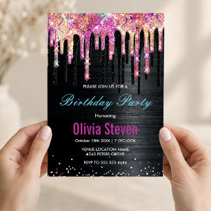 Cute unicorn black glitter birthday monogram invitation