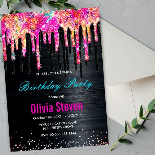 Cute unicorn black glitter birthday monogram invitation