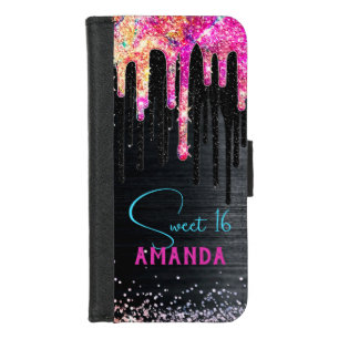 Cute unicorn black glitter birthday monogram iPhone 8/7 wallet case