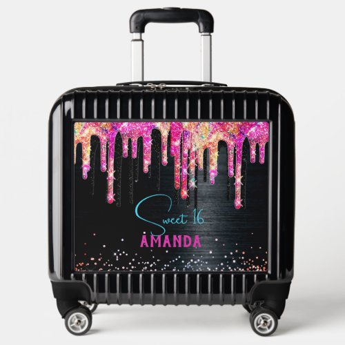 Cute unicorn black glitter birthday monogram luggage