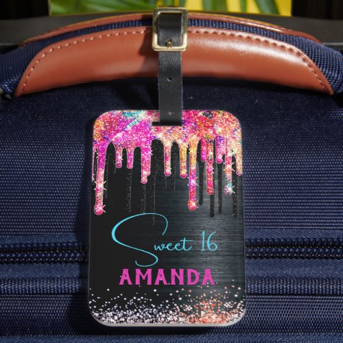 Cute unicorn black glitter birthday monogram luggage tag