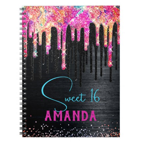 Cute unicorn black glitter birthday monogram notebook