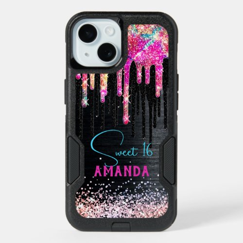 Cute unicorn black glitter birthday monogram iPhone 15 case