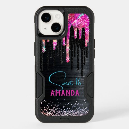Cute unicorn black glitter birthday monogram OtterBox iPhone 14 case
