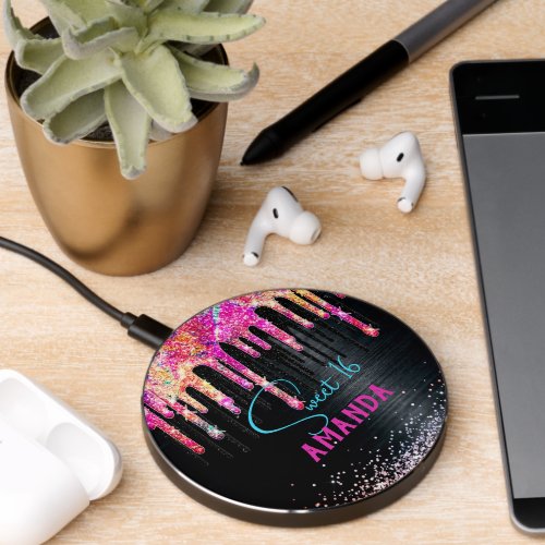 Cute unicorn black glitter birthday monogram wireless charger 