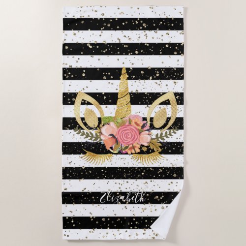 Cute UnicornBlack White Striped   _Personalized Beach Towel