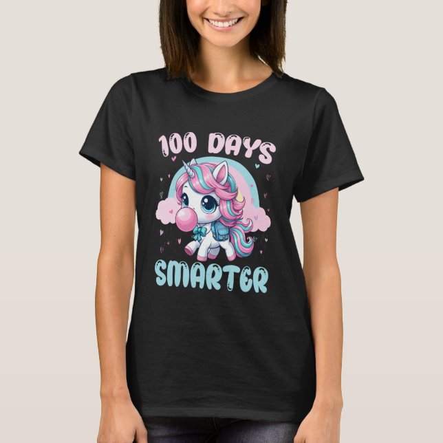 Cute Unicorn Blowing Bubble Gum 100 Days Smarter S T-Shirt (Front)