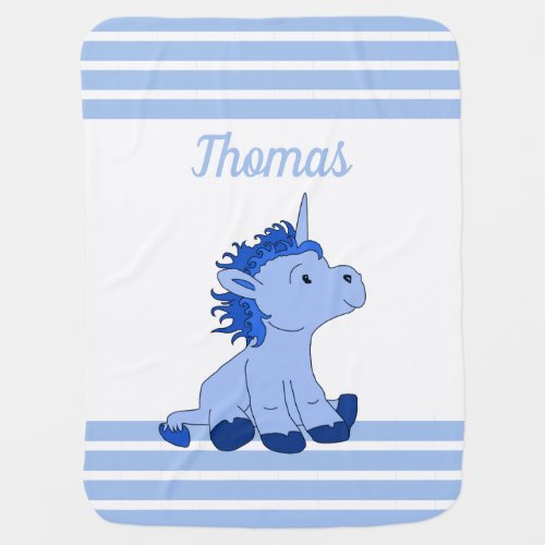 Cute Unicorn Blue baby blanket with Baby Name - Cute Unicorn Blue baby blanket with Baby Name. Cute blue little baby unicorn sitting and looking at the baby name, blue and white stripe pattern. Cute & lovely gift for a baby shower or a newborn baby boy.