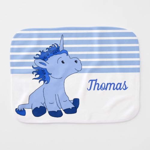 Cute Unicorn Blue Baby Boy Name Baby Burp Cloth - Cute Unicorn Blue Baby Boy Name baby burp cloth. The burp cloth features a lovely little sitting baby unicorn. The background has a blue and white stripe pattern. Personalize the cloth with your baby name. Lovely baby gift for a baby shower and a new baby.