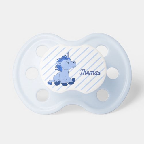 Cute Unicorn Blue Baby Boy Name Pacifier - Cute Unicorn Blue Baby Boy Name Pacifier. This baby pacifier comes with a cute little blue baby unicorn. The design has a blue sitting unicorn and a custom baby name - personalize the pacifier with your name. The background is a blue-white stripe pattern. A lovely gift for a baby shower or new baby.