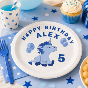 Cute Unicorn Blue Boy`s Birthday Party Paper Plates