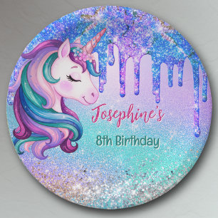 Cute Unicorn blue green drip birthday Paper Plates