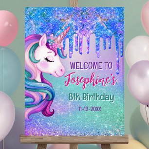 Cute Unicorn blue green drip birthday welcome sign