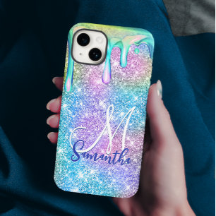 Cute unicorn blue pink glitter drips monogram Case-Mate iPhone 14 case