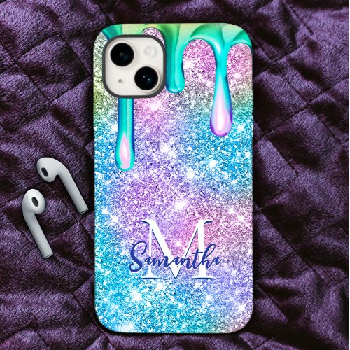 Cute unicorn blue pink glitter drips monogram iPhone 15 case