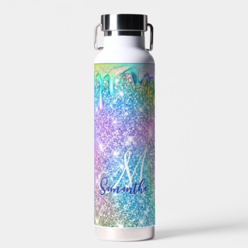 Cute unicorn blue pink glitter drips monogram water bottle