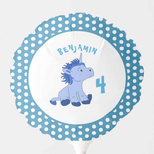 Cute Unicorn Blue Polka Dot Pattern Birthday Balloon - Cute Unicorn Blue Polka Dot Pattern Birthday Balloon. The balloons have a cute little sitting unicorn. The background is blue with a white polka dot pattern. Personalize the balloon with the kid's name and age.