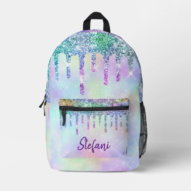 Cute unicorn Blue Purple Glitter Drips Monogram Printed Backpack (Front)