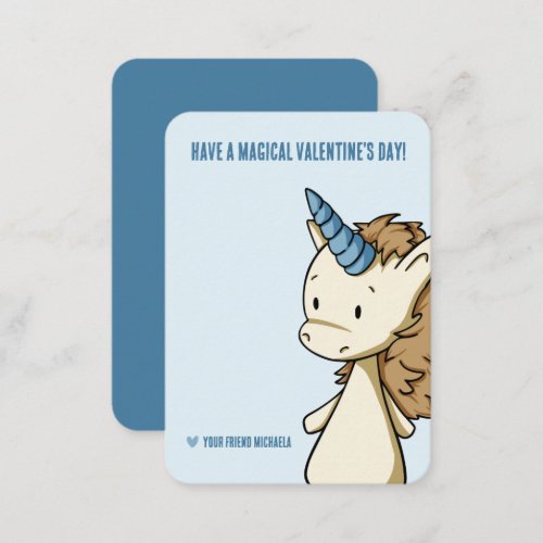 Cute Unicorn Blue Valentines Day Classroom Note Card