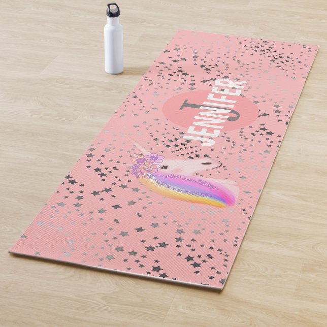 Cute Unicorn Blush Pink Fantasy Stars Personalized Yoga Mat (In Situ)