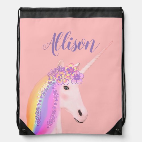 Cute Unicorn Blush Pink Personalized Girls Drawstring Bag