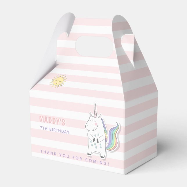Cute Unicorn - Blush Pink Striped Kids Birthday Favor Boxes (Front Side)