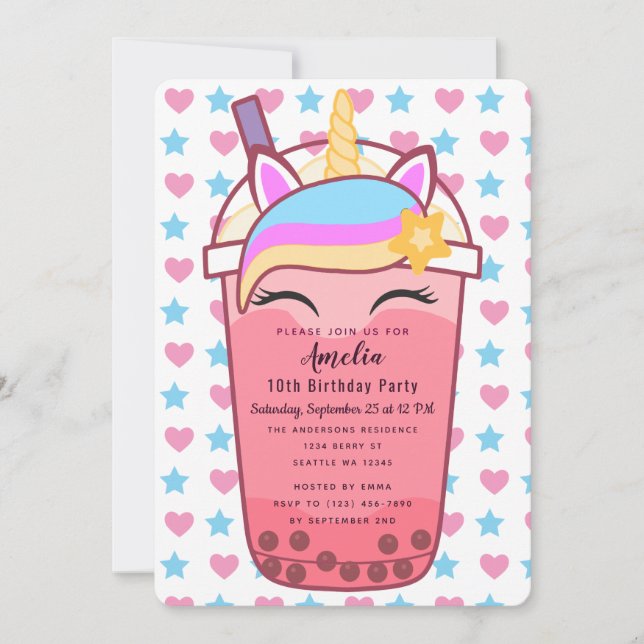 Cute Unicorn Boba Tea Birthday Invitation (Front)