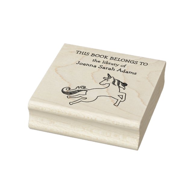 Cute Unicorn Book Belongs Library Name Bookplate Rubber Stamp (Stamp)