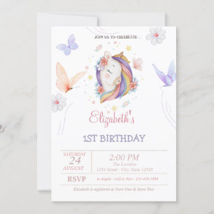 Cute Unicorn Butterflies Colorful Stripes Birthday Invitation