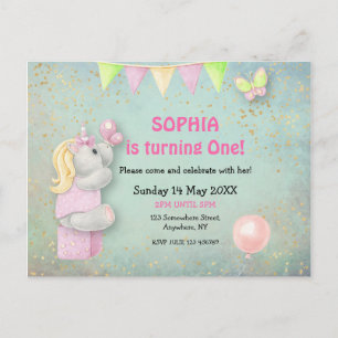 Cute Unicorn/Butterflies First Birthday Invitation Postcard