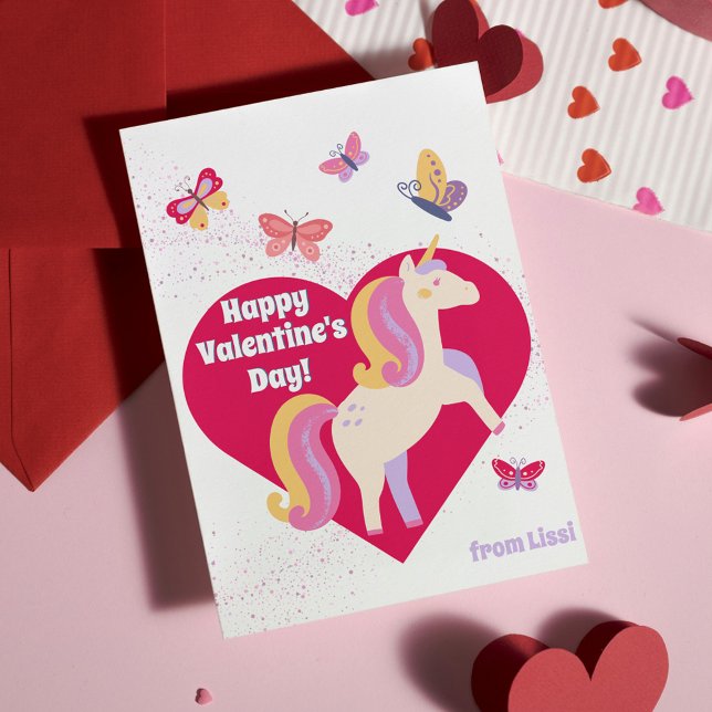 Cute Unicorn Butterflies Happy Valentine's Day Note Card (Cute Unicorn Butterflies Happy Valentine's Day Classroom Card
)