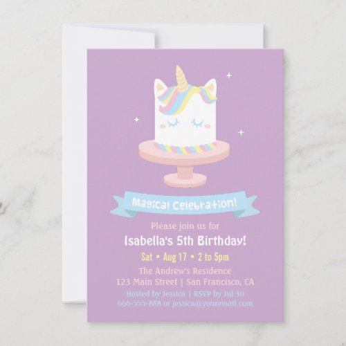 Cute Unicorn Cake Girls Birthday Party Invitations